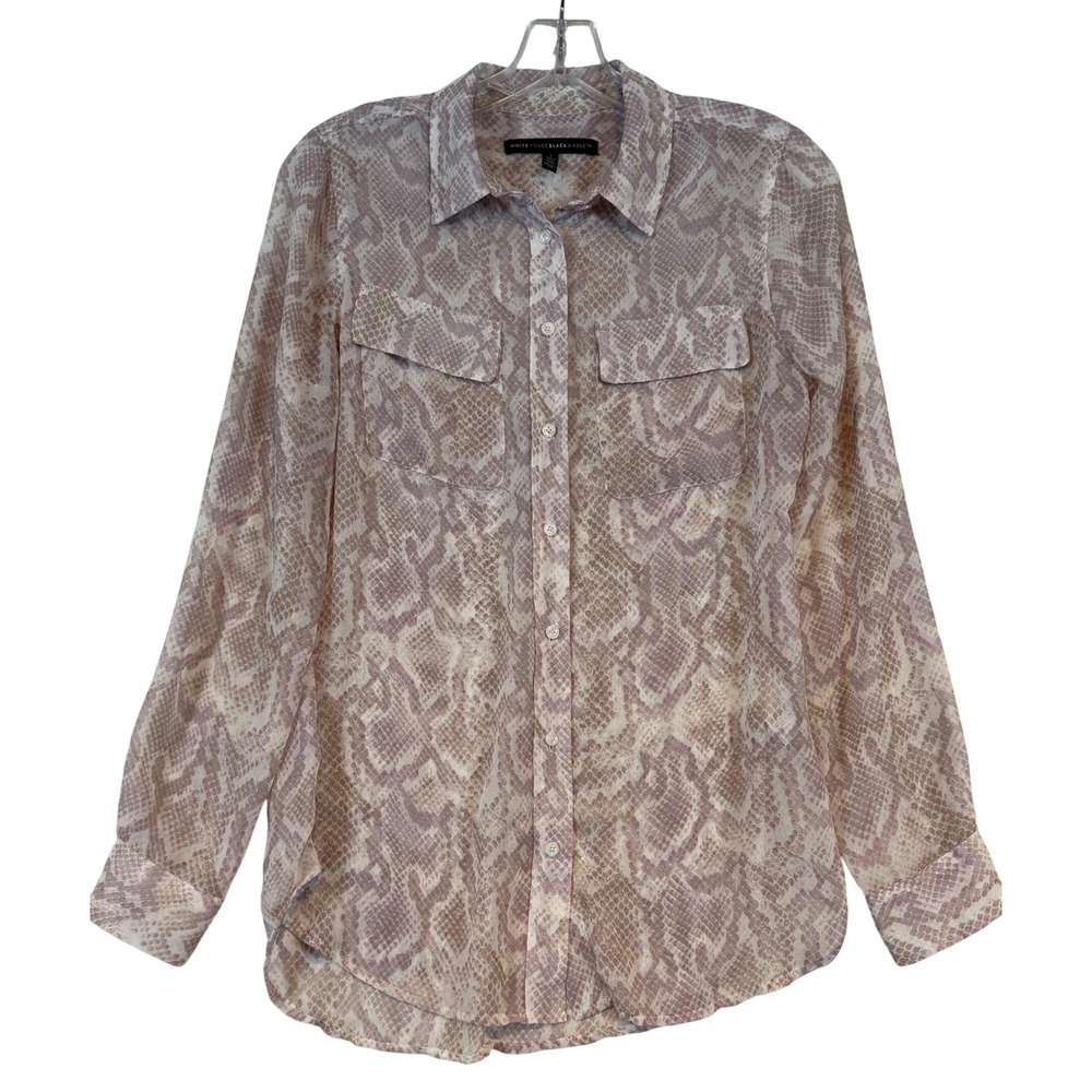 White House Black Market Snakeskin Print Button Down Blouse Purple Sheer •2•